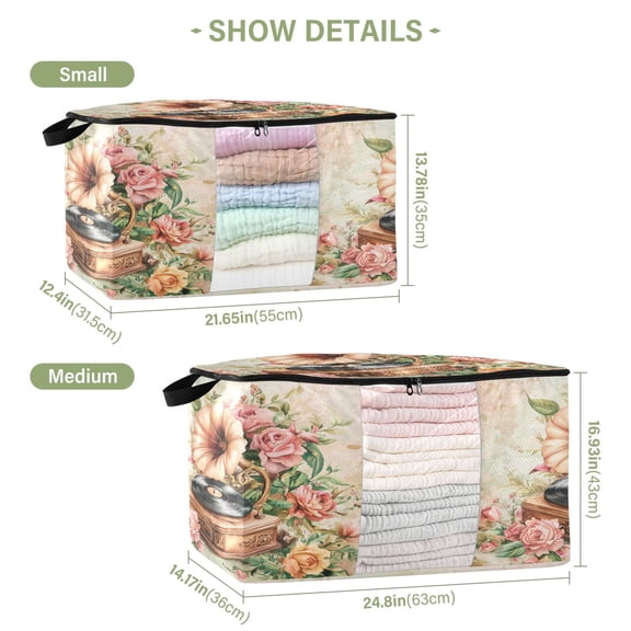 BZSMCE Under Bed Storage Bags With Reinforced Handles Gramophone Surrounded by Roses Underbed Storage