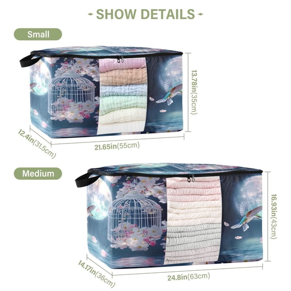 BZSMCE Under Bed Storage Bags With Reinforced Handles Hummingbird Cage Flowers Moonlit Scene Underbed Storage