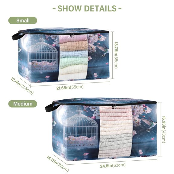 BZSMCE Under Bed Storage Bags With Reinforced Handles Hummingbird Moon Flowers Cage Water Underbed Storage