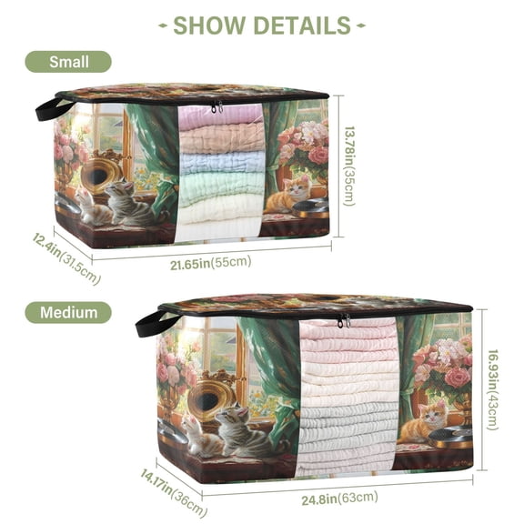 BZSMCE Under Bed Storage Bags With Reinforced Handles Kittens Flowers Gramophone Record Underbed Storage