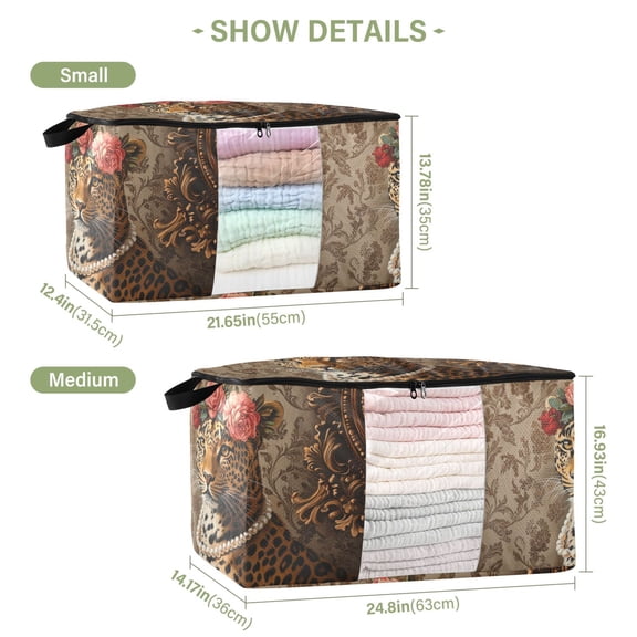 BZSMCE Under Bed Storage Bags With Reinforced Handles Leopard with Flowers and Pearls Underbed Storage