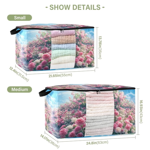 BZSMCE Under Bed Storage Bags With Reinforced Handles Pathway Lined with Pink_roses Underbed Storage