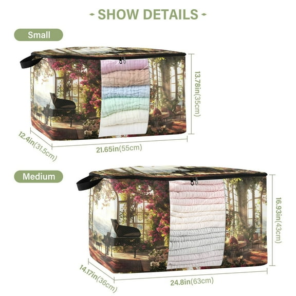 BZSMCE Under Bed Storage Bags With Reinforced Handles Piano in Floral Room Seaside Underbed Storage