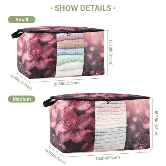 BZSMCE Under Bed Storage Bags With Reinforced Handles Pink Glittery Flowers Underbed Storage