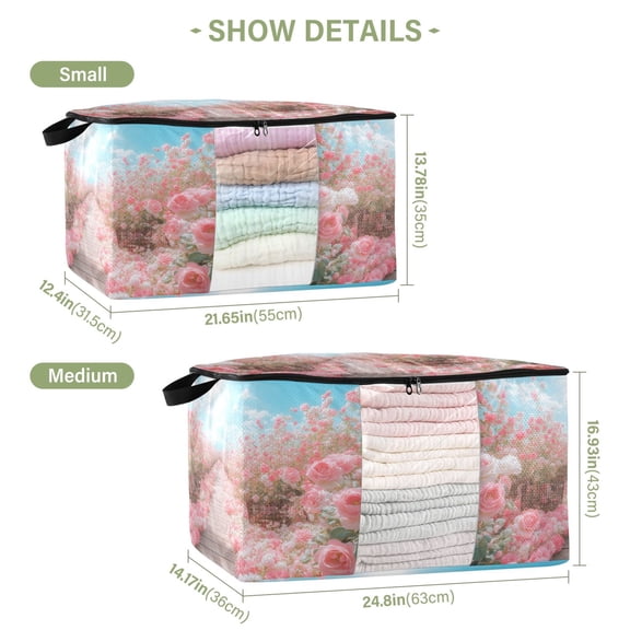 BZSMCE Under Bed Storage Bags With Reinforced Handles Pink Rose Garden Underbed Storage