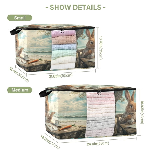 BZSMCE Under Bed Storage Bags With Reinforced Handles Rabbit Painting by The Sea Underbed Storage