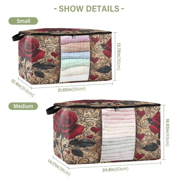BZSMCE Under Bed Storage Bags With Reinforced Handles Red Rose Pattern Underbed Storage