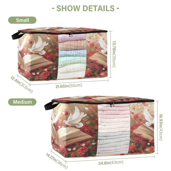 BZSMCE Under Bed Storage Bags With Reinforced Handles Red Roses White Doves Printing Underbed Storage