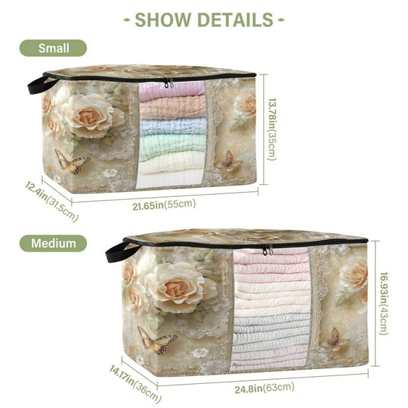 BZSMCE Under Bed Storage Bags With Reinforced Handles Roses and Butterflies with Lace Underbed Storage