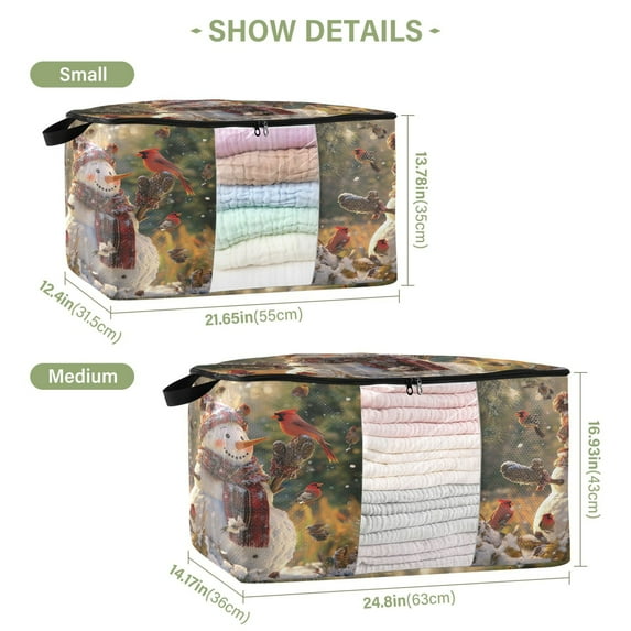 BZSMCE Under Bed Storage Bags With Reinforced Handles Snowman with Birds Underbed Storage