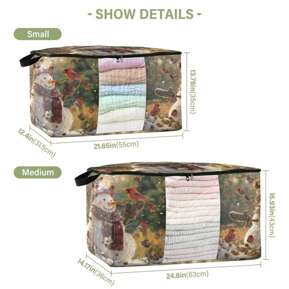 BZSMCE Under Bed Storage Bags With Reinforced Handles Snowman with Birds Underbed Storage