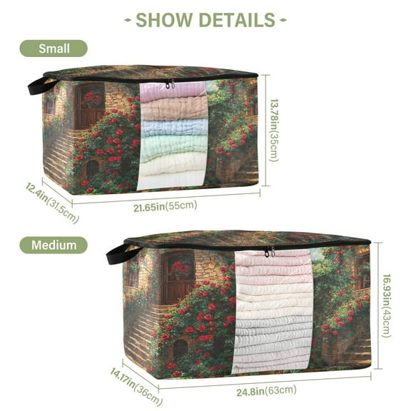 BZSMCE Under Bed Storage Bags With Reinforced Handles Stone Steps with Red Roses Underbed Storage