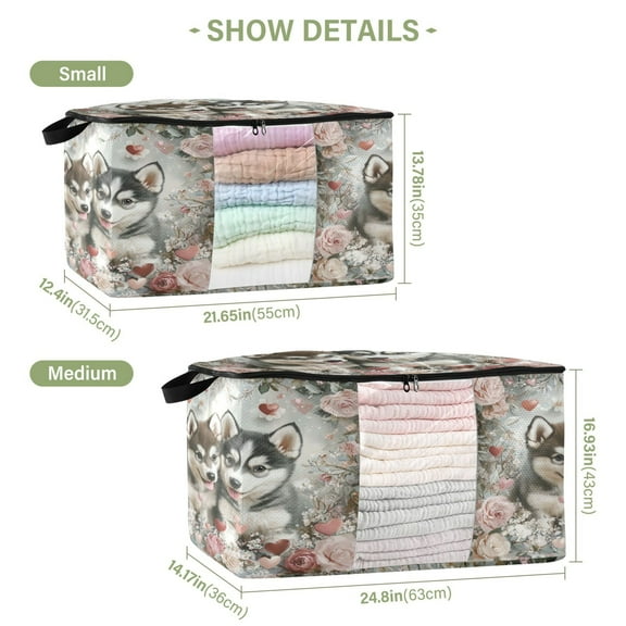 BZSMCE Under Bed Storage Bags With Reinforced Handles Two Husky Puppies with Flowers Underbed Storage
