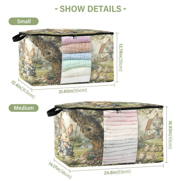 BZSMCE Under Bed Storage Bags With Reinforced Handles Whimsical Rabbits Underbed Storage
