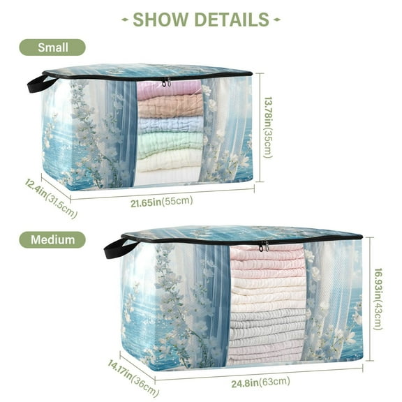 BZSMCE Under Bed Storage Bags With Reinforced Handles White Flowers by The Sea Underbed Storage