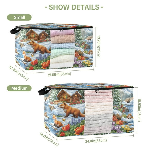 BZSMCE Under Bed Storage Bags With Reinforced Handles Winter Scene with Animals Cabin Underbed Storage