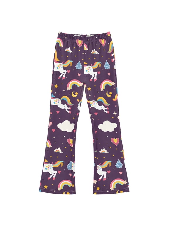 BZSMCE Unicorn Decorated Rainbow Pattern Print Flared Pants High‑Stretch Elastic Waist Bell‑Bottom Active Lounge Trousers Multi‑Size Pull‑On Casual Bottoms