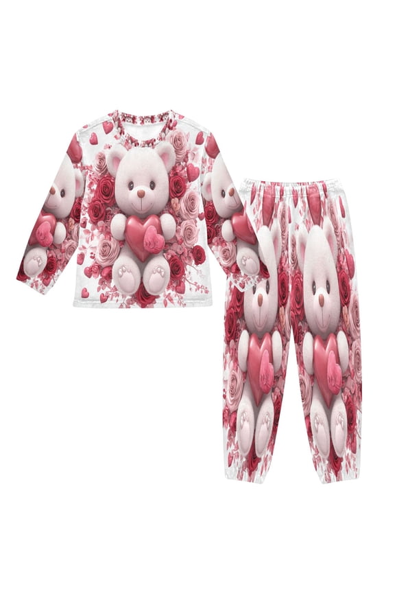 Unisex Fluffy Pajama Set Bear Surrounded by Loving Blooms Printed