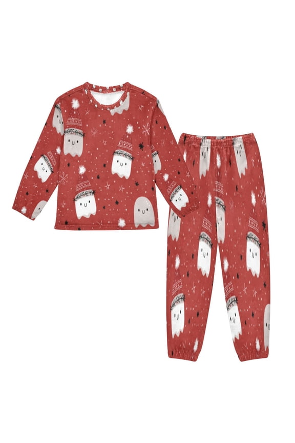 Unisex Fluffy Pajama Set Cheerful Ghost Gathering on Red Printed