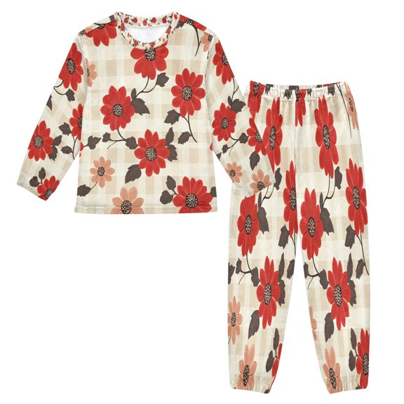 BZSMCE Unisex Fluffy Pajama Set Cherry Blossom Check Printed