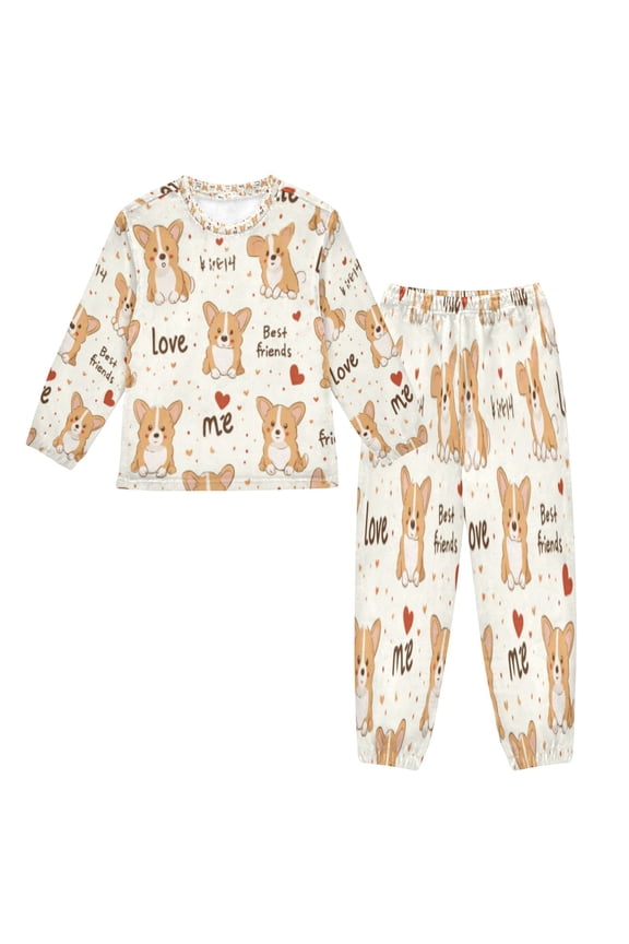 Unisex Fluffy Pajama Set Corgi Love Phrase Collage Printed