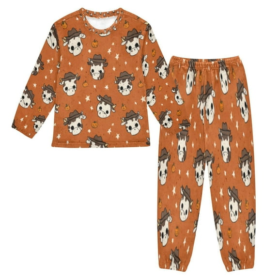 BZSMCE Unisex Fluffy Pajama Set Cowboy Cattle on Rust Printed