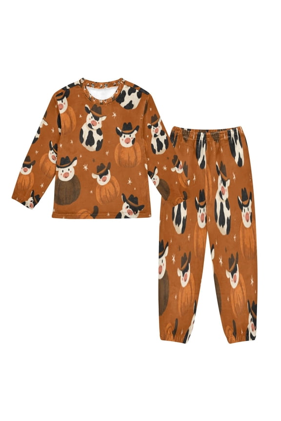 Unisex Fluffy Pajama Set Cowboy Pumpkin & Cow Fun Printed