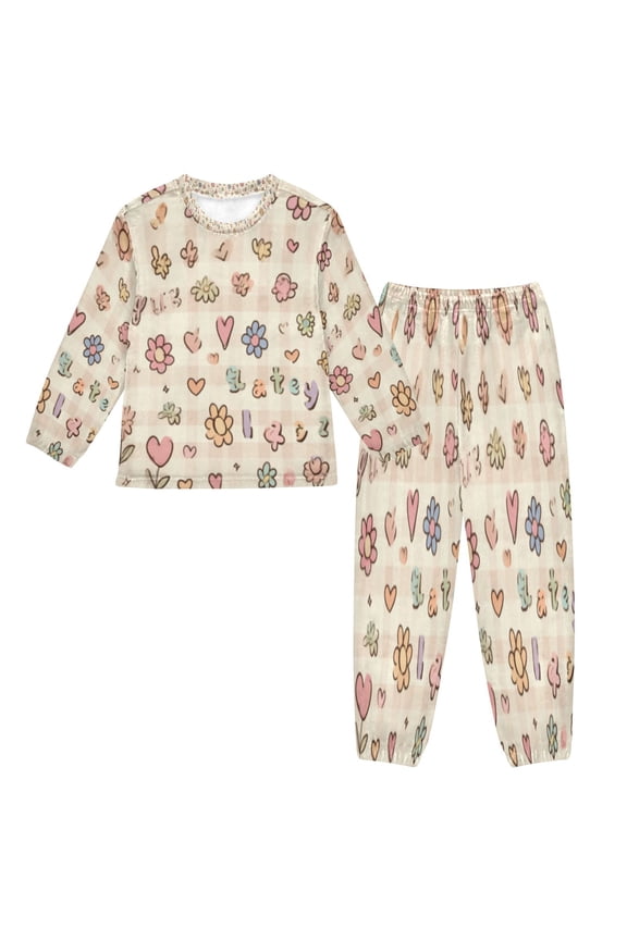 Unisex Fluffy Pajama Set Cute Icons and Floral Printed