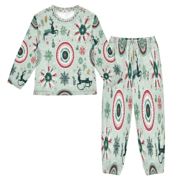 BZSMCE Unisex Fluffy Pajama Set Festive Folk Reindeer Roundel Printed