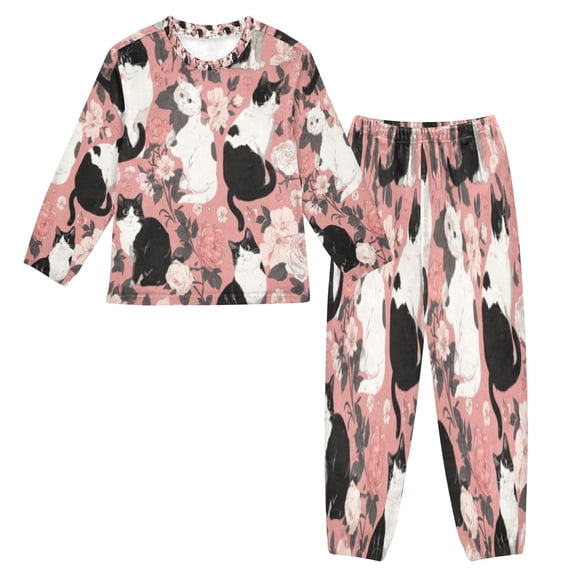 BZSMCE Unisex Fluffy Pajama Set Pink Cat Garden Soiree Printed