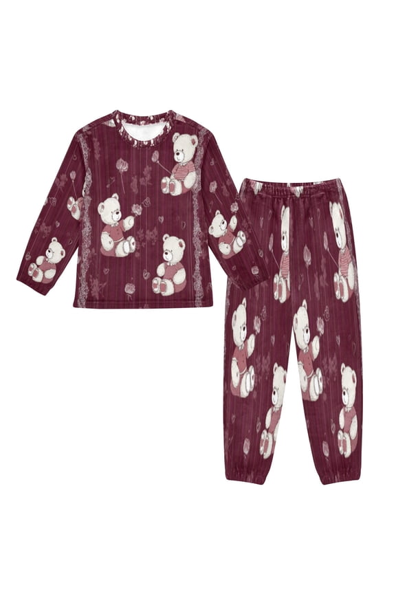 Unisex Fluffy Pajama Set Plum Bear Whimsy Printed