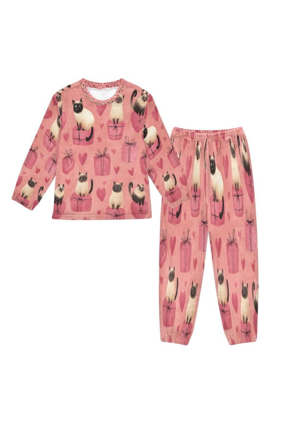Unisex Fluffy Pajama Set Siamese Hearts & Presents Printed