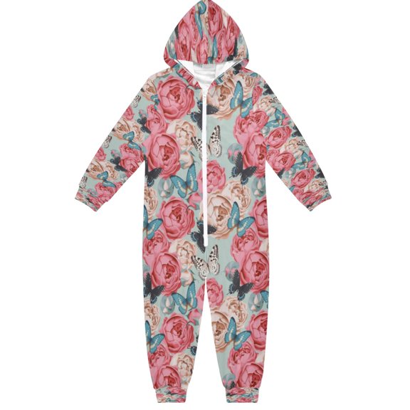 BZSMCE Unisex One-piece Pajama Cotton Sleepwear Blush Rose Tapestry Printed