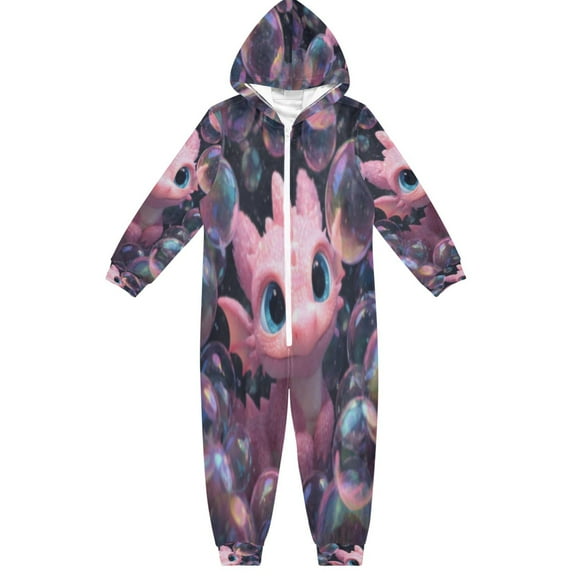BZSMCE Unisex One-piece Pajama Cotton Sleepwear Bubbly Pink Dragon's Whimsical World Printed