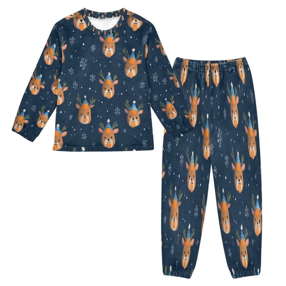 BZSMCE Unisex Fluffy Pajama Set Navy Reindeer Christmas Printed