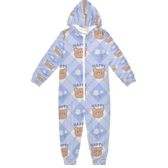 BZSMCE Unisex One-piece Pajama Cotton Sleepwear Happy Bear Plaid Printed