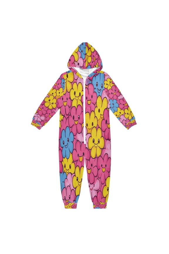 Unisex One-piece Pajama Cotton Sleepwear Joyful Floral Faces Printed