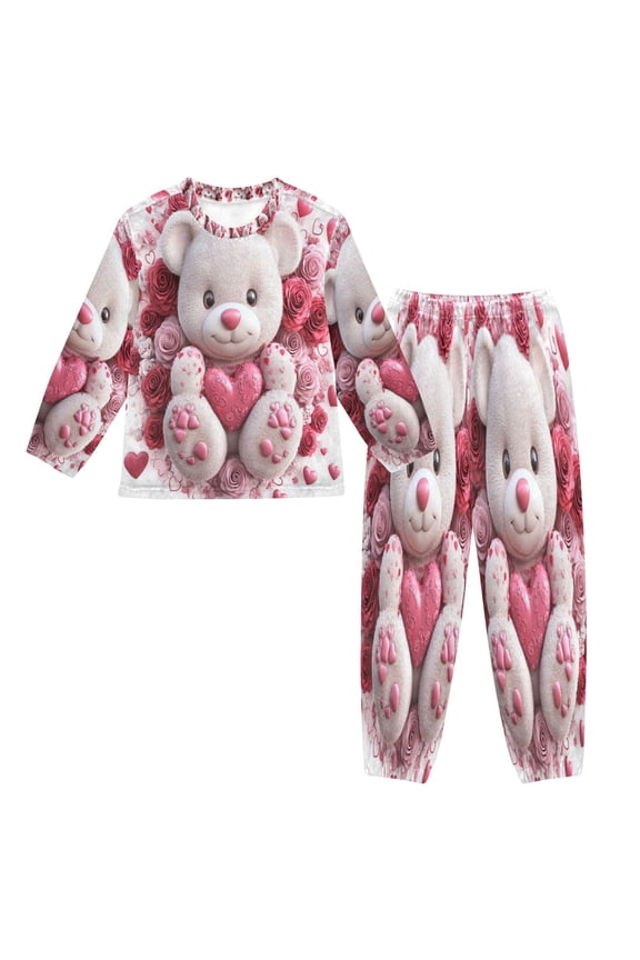 Unisex Fluffy Pajama Set Cuddly Bear in Floral Embrace Printed
