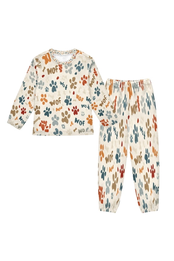 Unisex Fluffy Pajama Set Pastel Paw Woof Printed