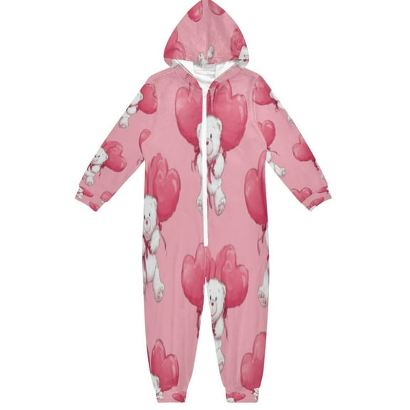 BZSMCE Unisex One-piece Pajama Cotton Sleepwear Pink Teddy Heart Parade Printed