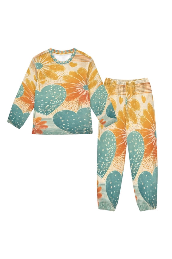 Unisex Fluffy Pajama Set Colorful Floral Hearts Printed