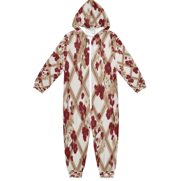 BZSMCE Unisex One-piece Pajama Cotton Sleepwear Scarlet Blossoms on A Grid Of Light Printed