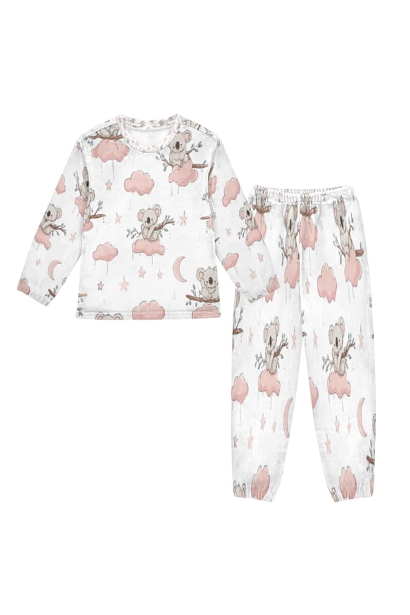 Unisex Fluffy Pajama Set Koalas and Clouds White Printed