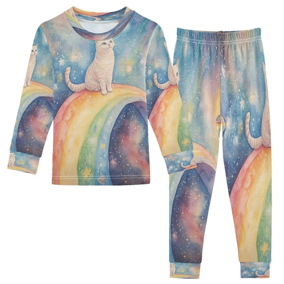 BZSMCE Unisex Pajama Set Snug-Fit Cotton Sleepwear Celestial Cat on A Rainbow Path Printed
