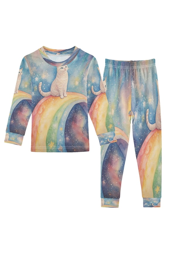 Unisex Pajama Set Snug-Fit Cotton Sleepwear Celestial Cat on A Rainbow Path Printed