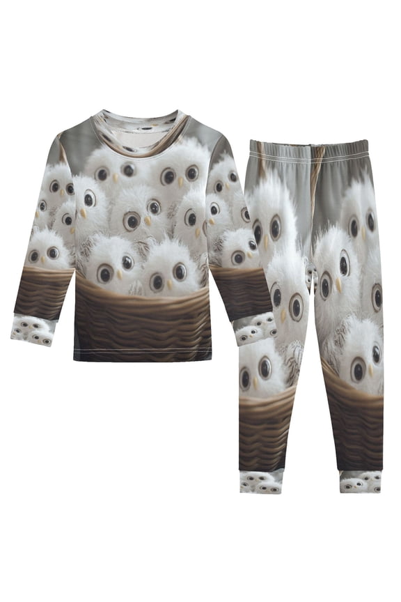 Unisex Pajama Set Snug-Fit Cotton Sleepwear Charming Owls Snuggled in A Basket Printed