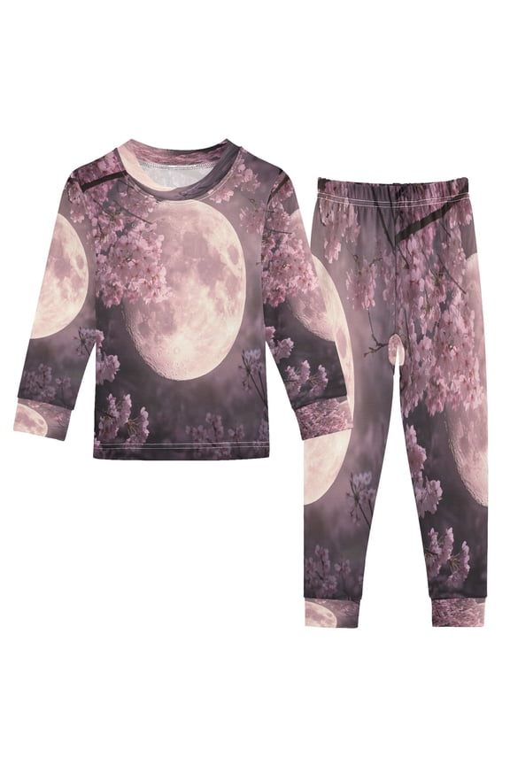 Unisex Pajama Set Snug-Fit Cotton Sleepwear Cherry Blossom Moon Glow Printed