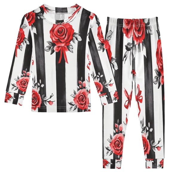 BZSMCE Unisex Pajama Set Snug-Fit Cotton Sleepwear Chic Stripes with Roses Printed