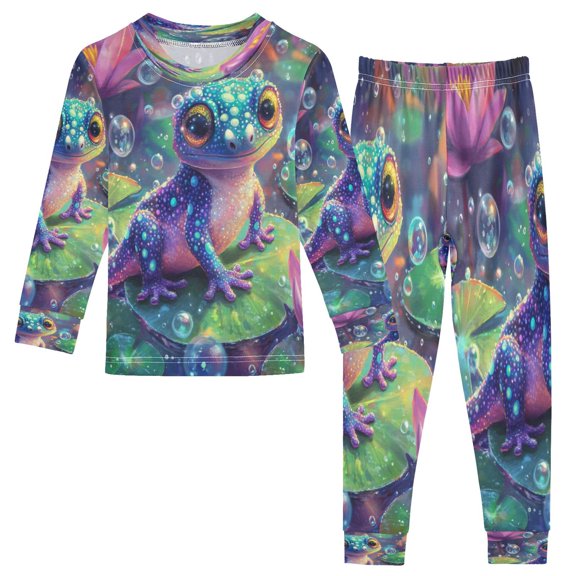 BZSMCE Unisex Pajama Set Snug-Fit Cotton Sleepwear Colorful Frog Among Lotus Blooms Printed