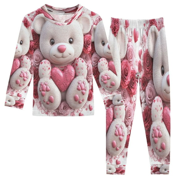 BZSMCE Unisex Pajama Set Snug-Fit Cotton Sleepwear Cuddly Bear in Floral Embrace Printed